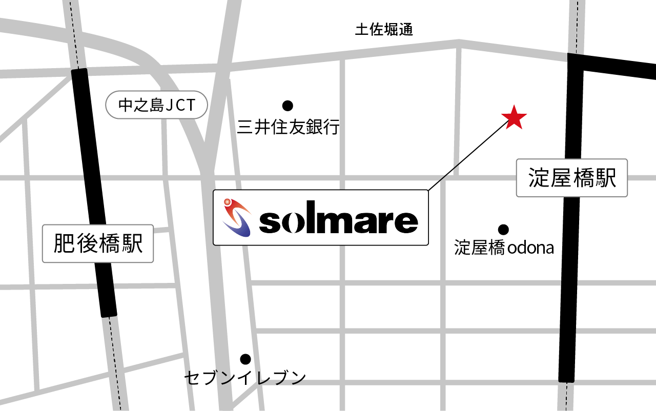 最寄駅からのNTTソルマーレ株式会社までのアクセス方法を示した地図